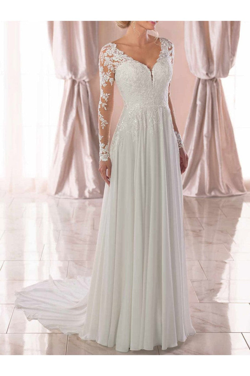 Lace Wedding Dresses Chiffon Chic V-Neck A-line Long Sleeve Lace Applique Beach Wedding Bridal Dress With Train Free Customization-Ballbella
