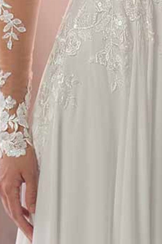 Lace Wedding Dresses Chiffon Chic V-Neck A-line Long Sleeve Lace Applique Beach Wedding Bridal Dress With Train Free Customization-Ballbella