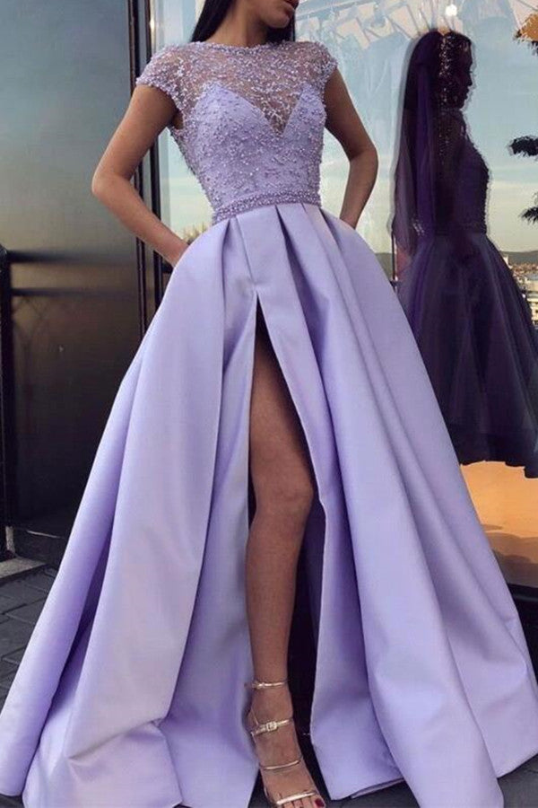 Lavender Split Prom Dress UK with Beadings - PD0542-ballbellauk