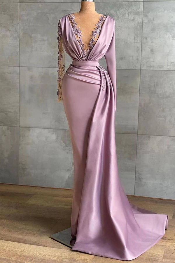 Lavender V Neck Prom Dress UK With Ruffles and Applique Mermaid Long Sleeves-ballbellauk
