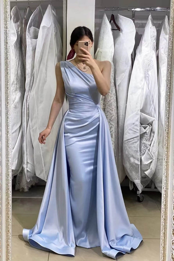 Light Blue Mermaid One-Shoulder Long Prom Dress UK With Detachable Skirt-ballbellauk