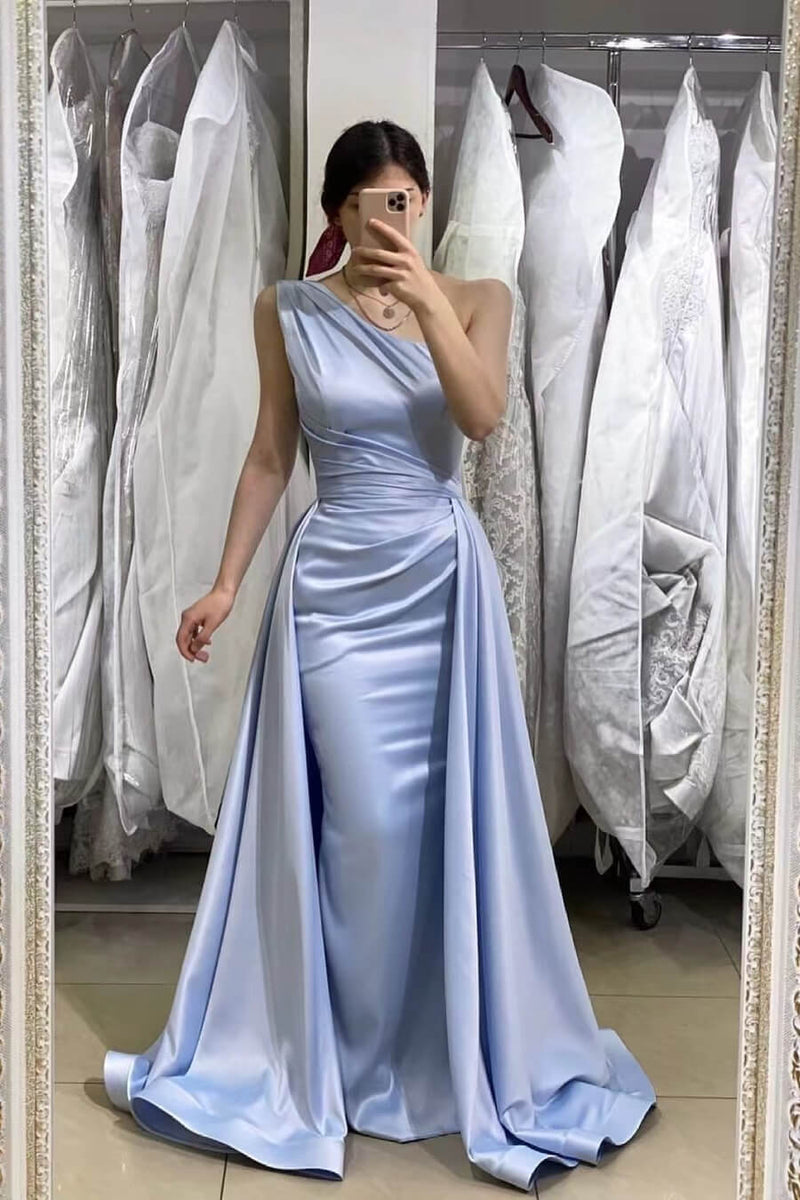 Light Blue Mermaid One-Shoulder Long Prom Dress UK With Detachable Skirt-ballbellauk