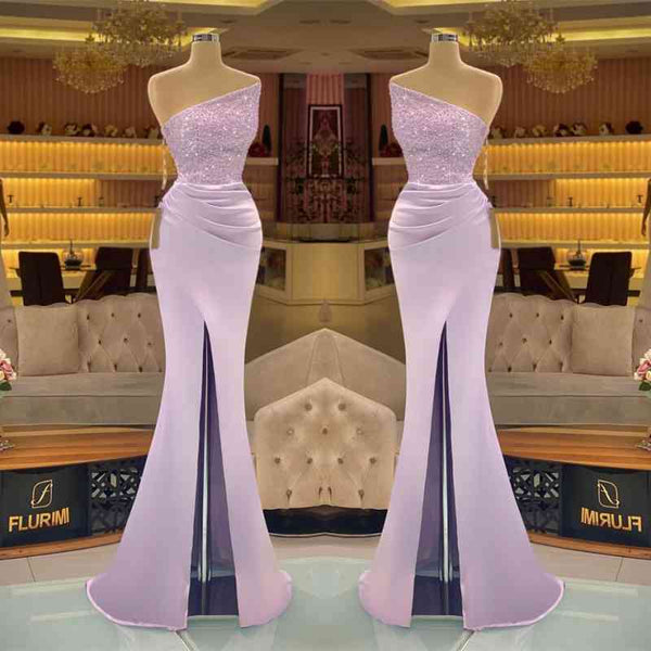 Light Purple Sequined Slit Mermaid Prom Dress-ballbellauk