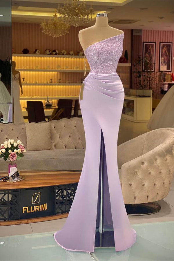 Light Purple Sequined Slit Mermaid Prom Dress-ballbellauk
