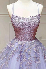 Lilac A-Line Evening Dress with Tulle and Spaghetti-Straps Appliques-ballbellauk