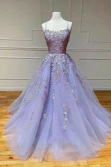 Lilac A-Line Evening Dress with Tulle and Spaghetti-Straps Appliques-ballbellauk