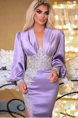 Lilac Long Sleeves Mermaid Prom Dress UK With Appliques and Online Split-ballbellauk