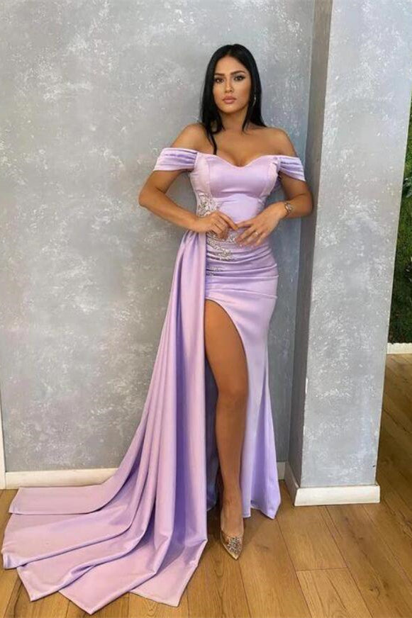 Lilac Mermaid Prom Dress UK with Beads and Ruffle Split - Off-The-Shoulder-ballbellauk