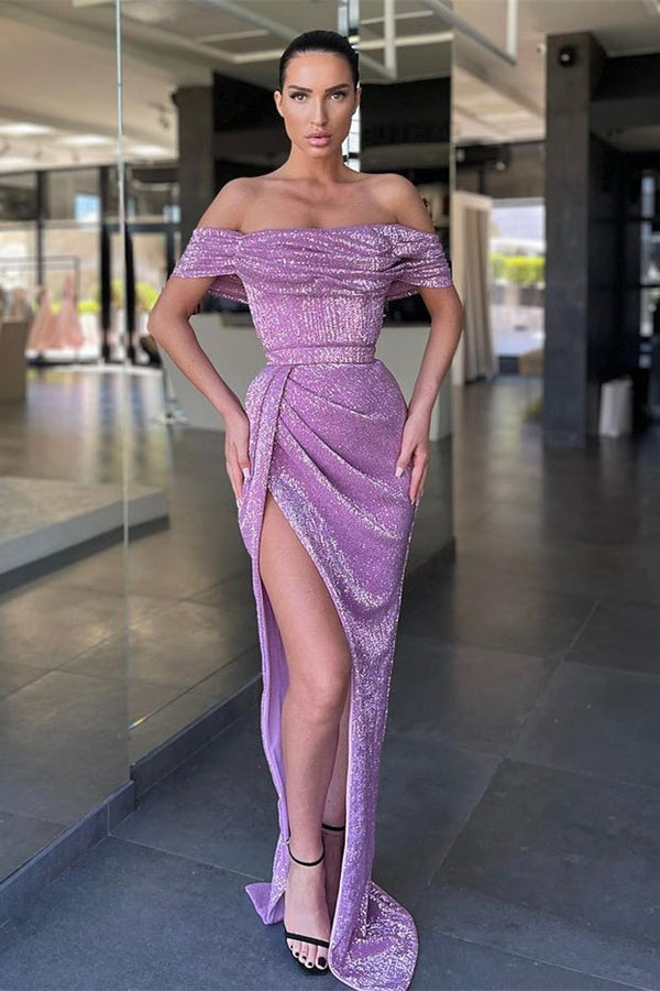 Lilac Off-The-Shoulder Mermaid Prom Dress UK With Sequins Splits-ballbellauk
