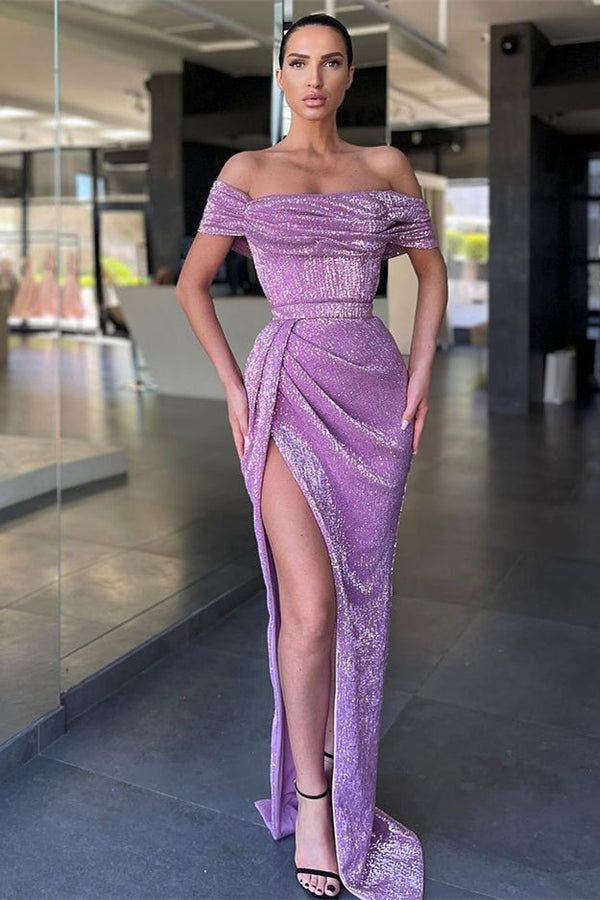 Lilac Off-The-Shoulder Mermaid Prom Dress UK With Sequins Splits-ballbellauk