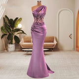 Lilac One Shoulder Mermaid Prom Dress with Beads-Ballbella