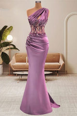 Lilac One Shoulder Mermaid Prom Dress with Beads-Ballbella