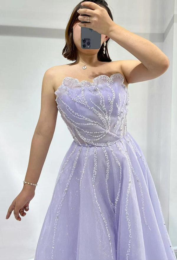 Lilac Strapless Prom Dress UK with Sequins and Beads-ballbellauk