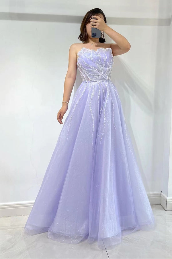 Lilac Strapless Prom Dress UK with Sequins and Beads-ballbellauk