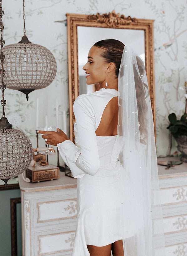 Little White Long Sleeves Wedding Dress-Ballbella