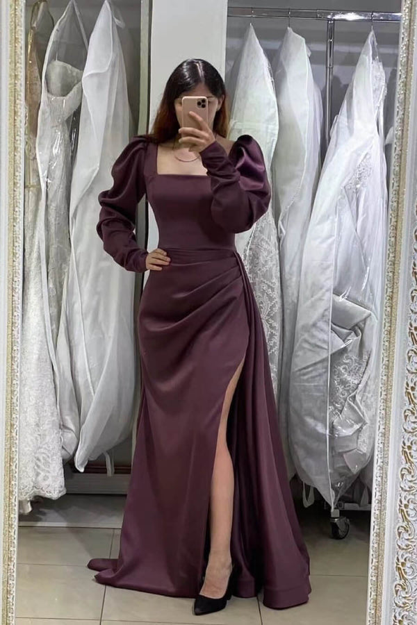 Long Mermaid Puff Sleeves Prom Dress UK with Split-ballbellauk