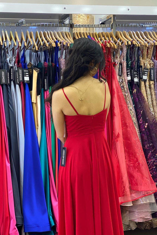 Long Red Prom Dress UK with Slit and Spaghetti-Straps-ballbellauk