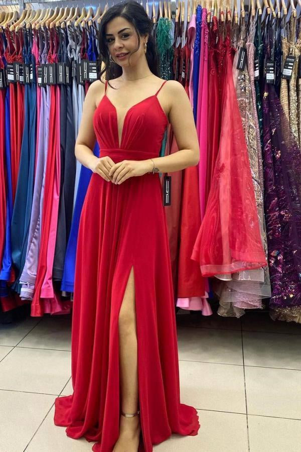 Long Red Prom Dress UK with Slit and Spaghetti-Straps-ballbellauk