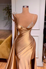 Long Sleeved Mermaid Dress with Beading, Split, Spaghetti Straps & Ruffles-ballbellauk