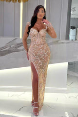 Long sleeves Sparkle Beaded Mermaid High Split Sweetheart Overskirt Prom Dresses-Ballbella