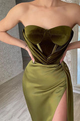 Look Elegant in Strapless Mermaid Evening Dress With Split Olive Green-ballbellauk