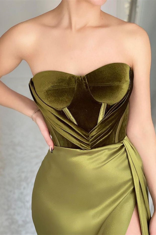 Look Elegant in Strapless Mermaid Evening Dress With Split Olive Green-ballbellauk
