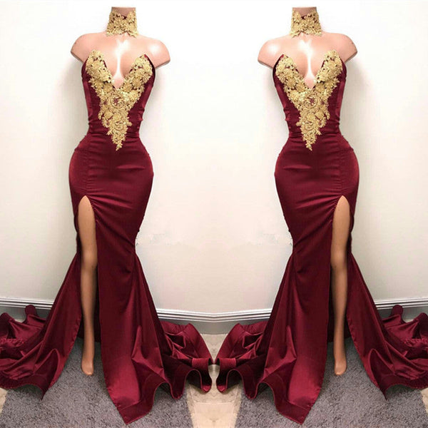 Mermaid Burgundy V-Neck Prom Dress UK Split with Lace Appliques-ballbellauk