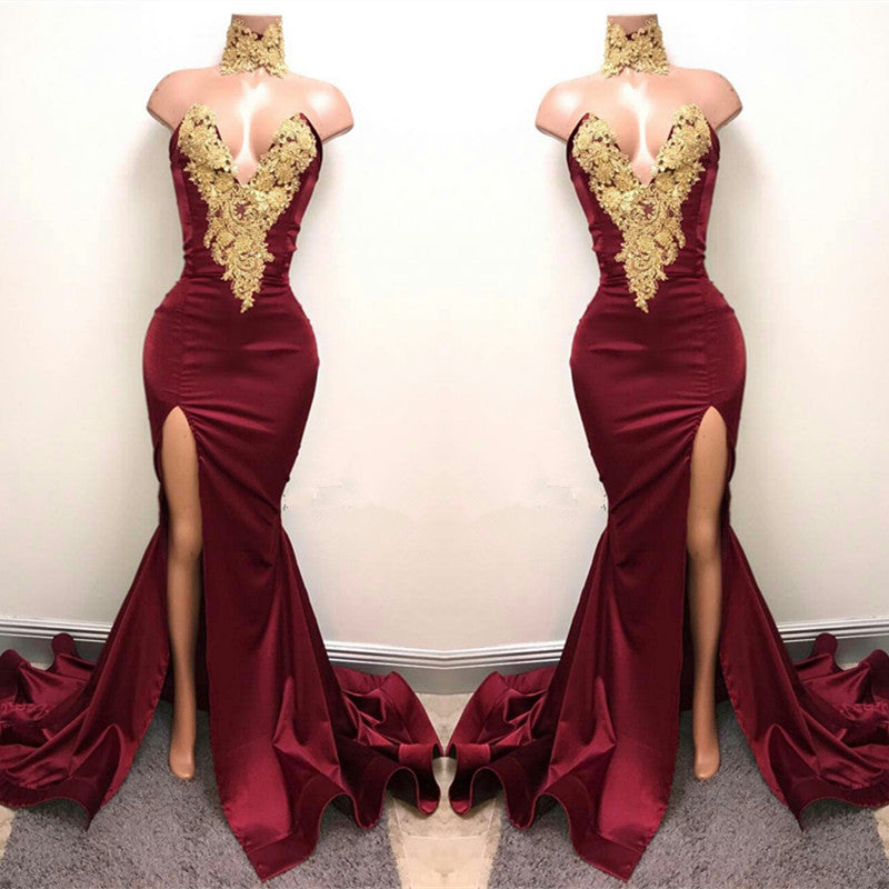 Mermaid Burgundy V-Neck Prom Dress UK Split with Lace Appliques-ballbellauk