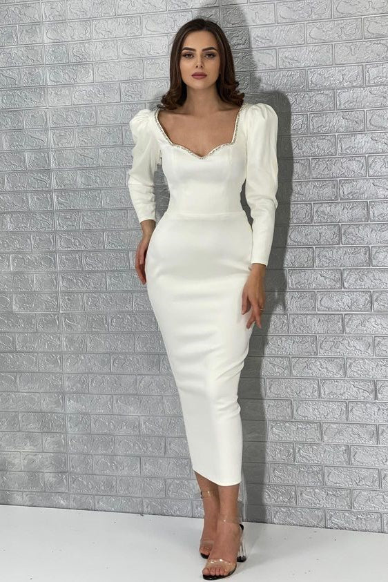 Mermaid Evening Dress - White Long Sleeves For Evening Party-ballbellauk