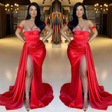 Mermaid Off-The-Shoulder Sweetheart Evening Dress with Beadings, Ruffles & Split Red-ballbellauk