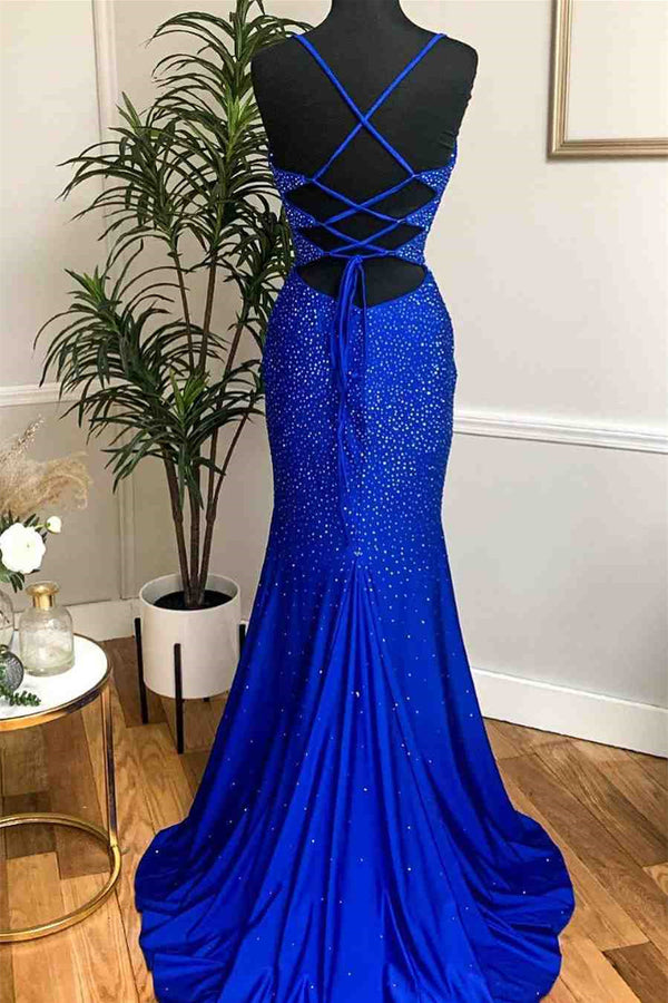 Mermaid Prom Dress UK in Royal Blue with Spaghetti-Straps and Appliques-ballbellauk