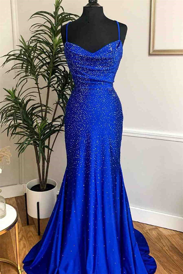 Mermaid Prom Dress UK in Royal Blue with Spaghetti-Straps and Appliques-ballbellauk