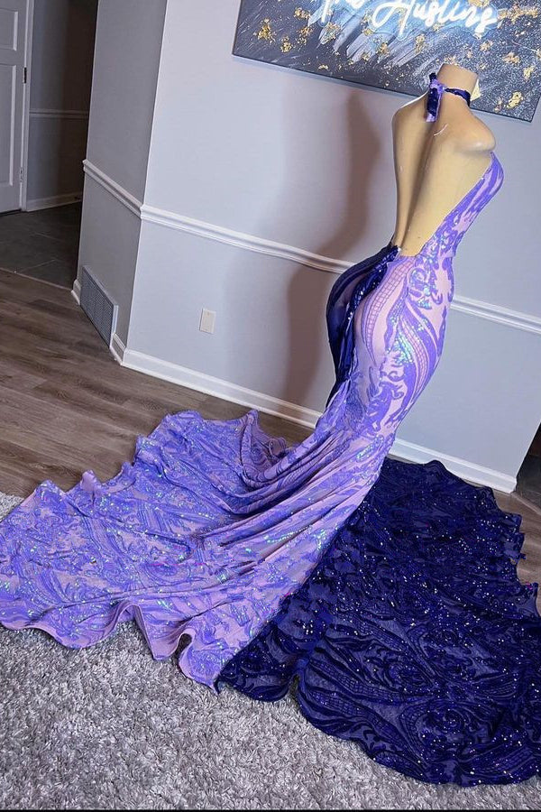 Mermaid Prom Dress UK with Halter Neck and Beaded Sequins Appliques - Purple-ballbellauk