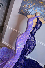 Mermaid Prom Dress UK with Halter Neck and Beaded Sequins Appliques - Purple-ballbellauk
