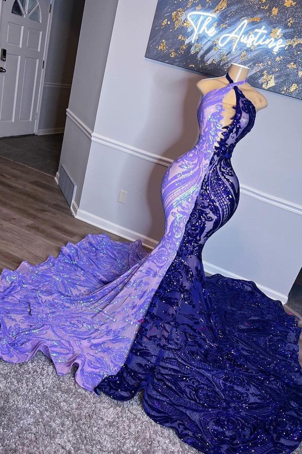 Mermaid Prom Dress UK with Halter Neck and Beaded Sequins Appliques - Purple-ballbellauk