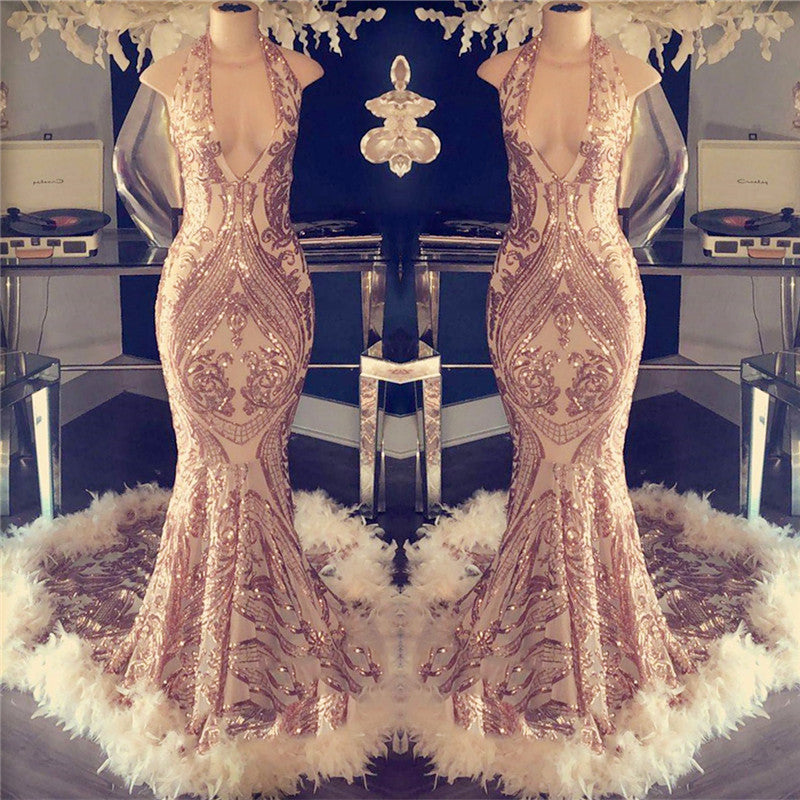 Mermaid Sequins Halter Prom Dress UK with Open Back-ballbellauk