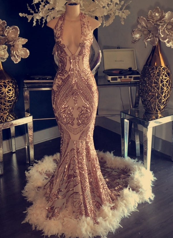 Mermaid Sequins Halter Prom Dress UK with Open Back-ballbellauk