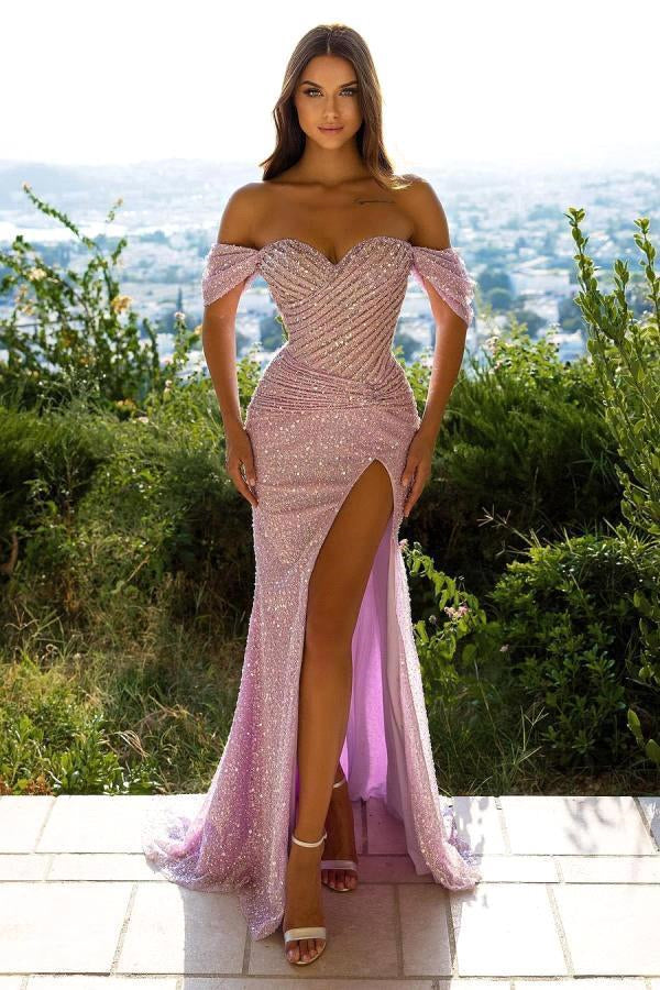 Mermaid Sequins Prom Dress UK with Off-the-Shoulder Split-ballbellauk