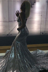 Mermaid Silver Long Prom Dress UK with Sequins and V-Neck Spaghetti Straps-ballbellauk