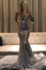 Mermaid Silver Long Prom Dress UK with Sequins and V-Neck Spaghetti Straps-ballbellauk