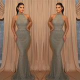 Mermaid Sleeveless Evening Dress with Sequins and Belt Halter - Shop Online-ballbellauk