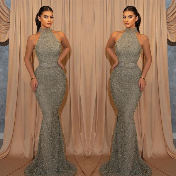 Mermaid Sleeveless Evening Dress with Sequins and Belt Halter - Shop Online-ballbellauk