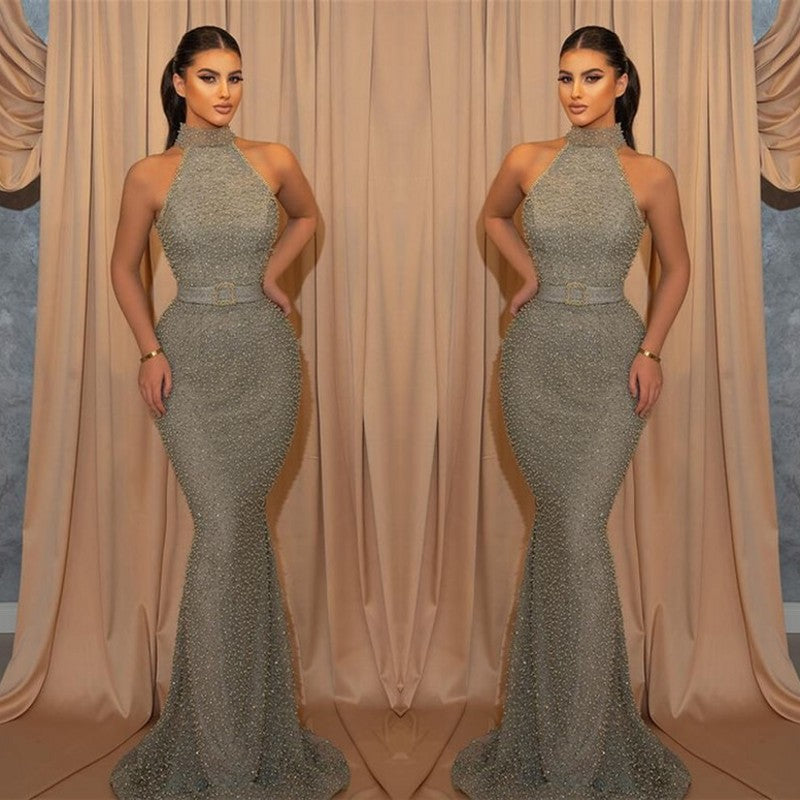 Mermaid Sleeveless Evening Dress with Sequins and Belt Halter - Shop Online-ballbellauk