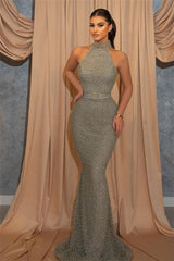 Mermaid Sleeveless Evening Dress with Sequins and Belt Halter - Shop Online-ballbellauk