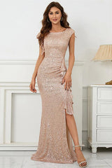 Mermaid Split Prom Dress UK With Cap Sleeves & Ruffle - On Sale Now!-ballbellauk