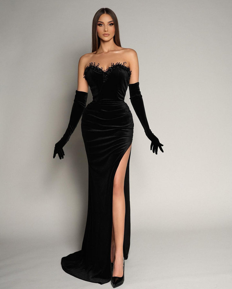 Mermaid Sweetheart Black Beaded Evening Dress with Gloves-ballbellauk