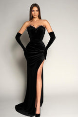 Mermaid Sweetheart Black Beaded Evening Dress with Gloves-ballbellauk
