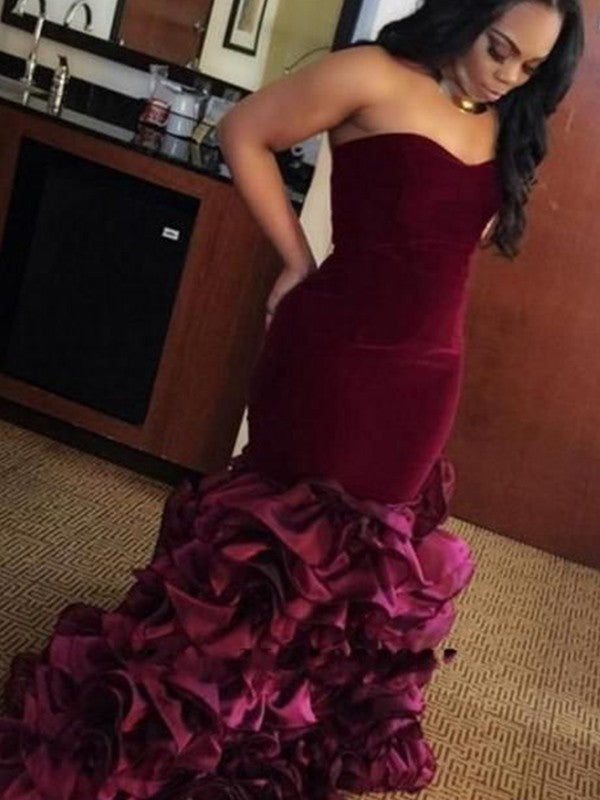 Mermaid Sweetheart Sleeveless With Ruffles Velvet Prom Dress-ballbellauk