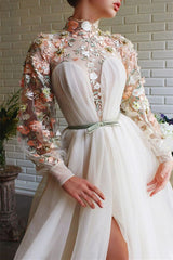 Mermaid White Evening Dress with Flower Split High Collar Long Sleeves-ballbellauk