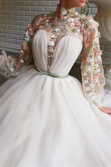Mermaid White Evening Dress with Flower Split High Collar Long Sleeves-ballbellauk